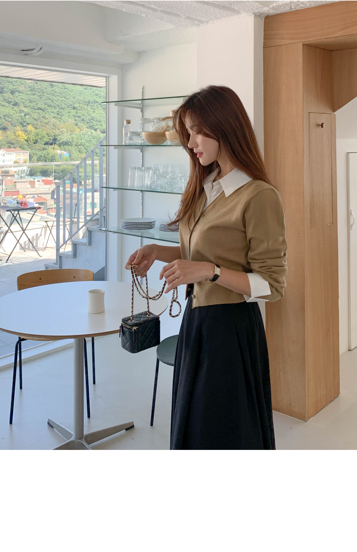 WOMAN シャツレイヤード風ニット半袖カーディガン [BEIGE