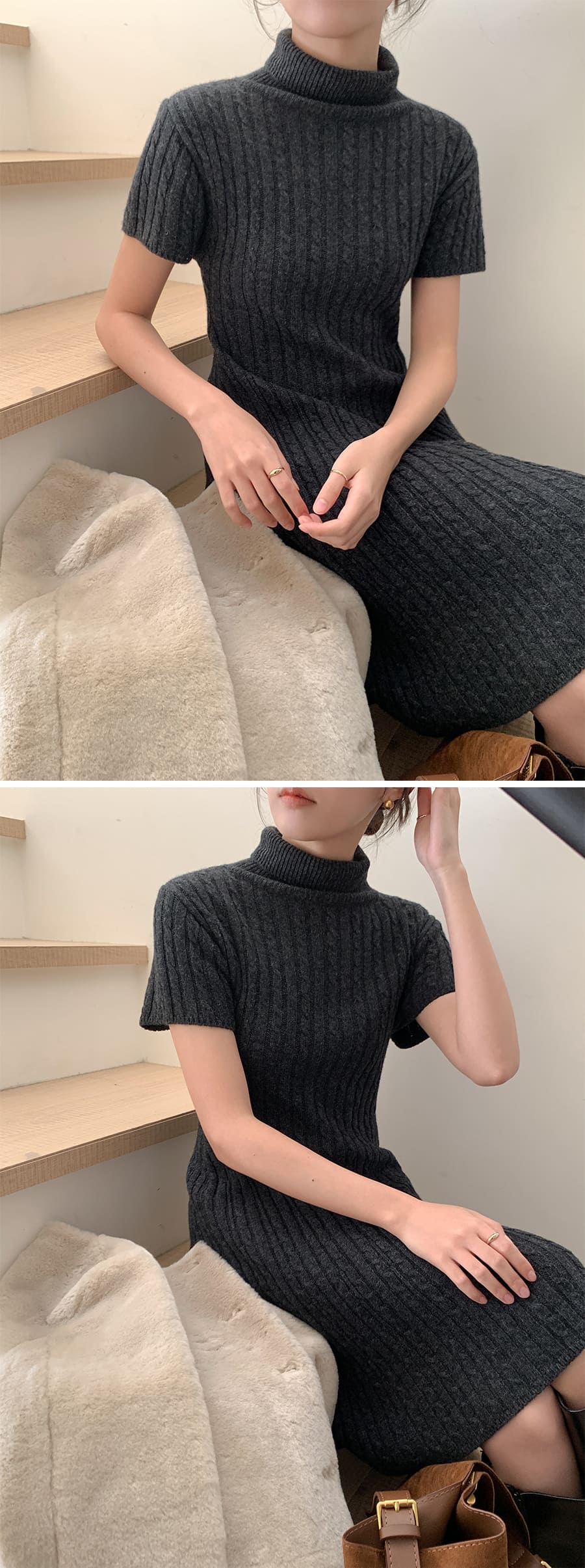 ハイネック半袖ケーブルニットワンピース | レディースファッション