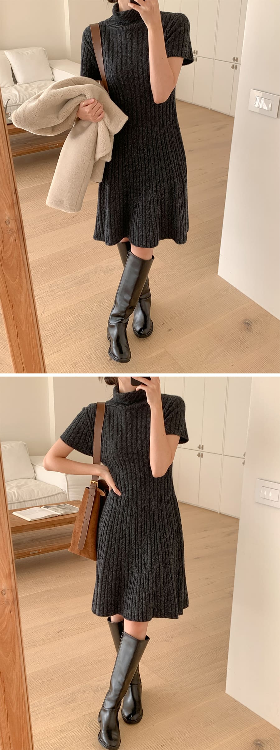 ハイネック半袖ケーブルニットワンピース | レディースファッション