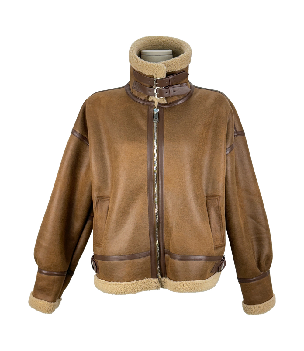 ダブルベルトネック配色ラインムートン風ジャケット | レディース