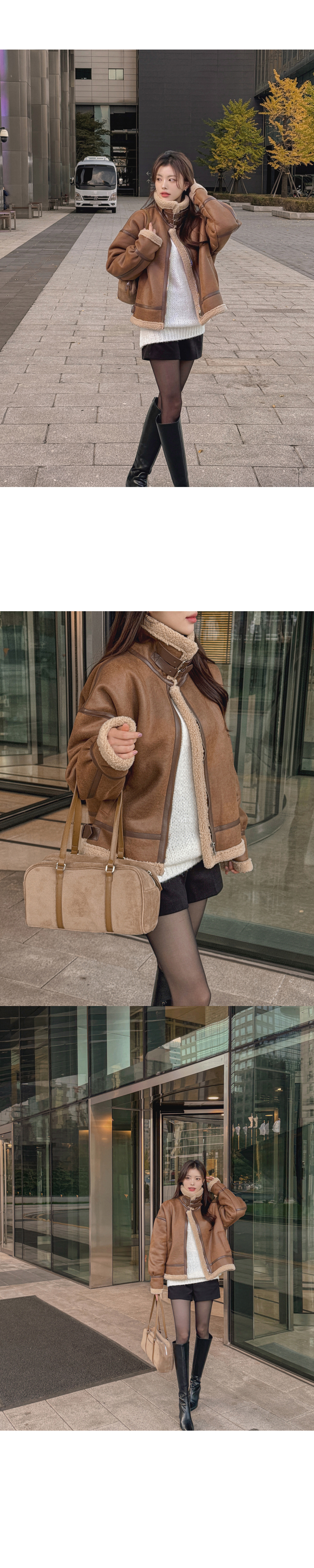 ダブルベルトネック配色ラインムートン風ジャケット | レディース