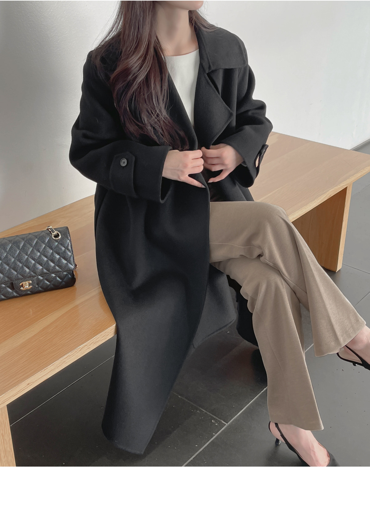 ストラップ付ウールブレンドロングコート | レディースファッション