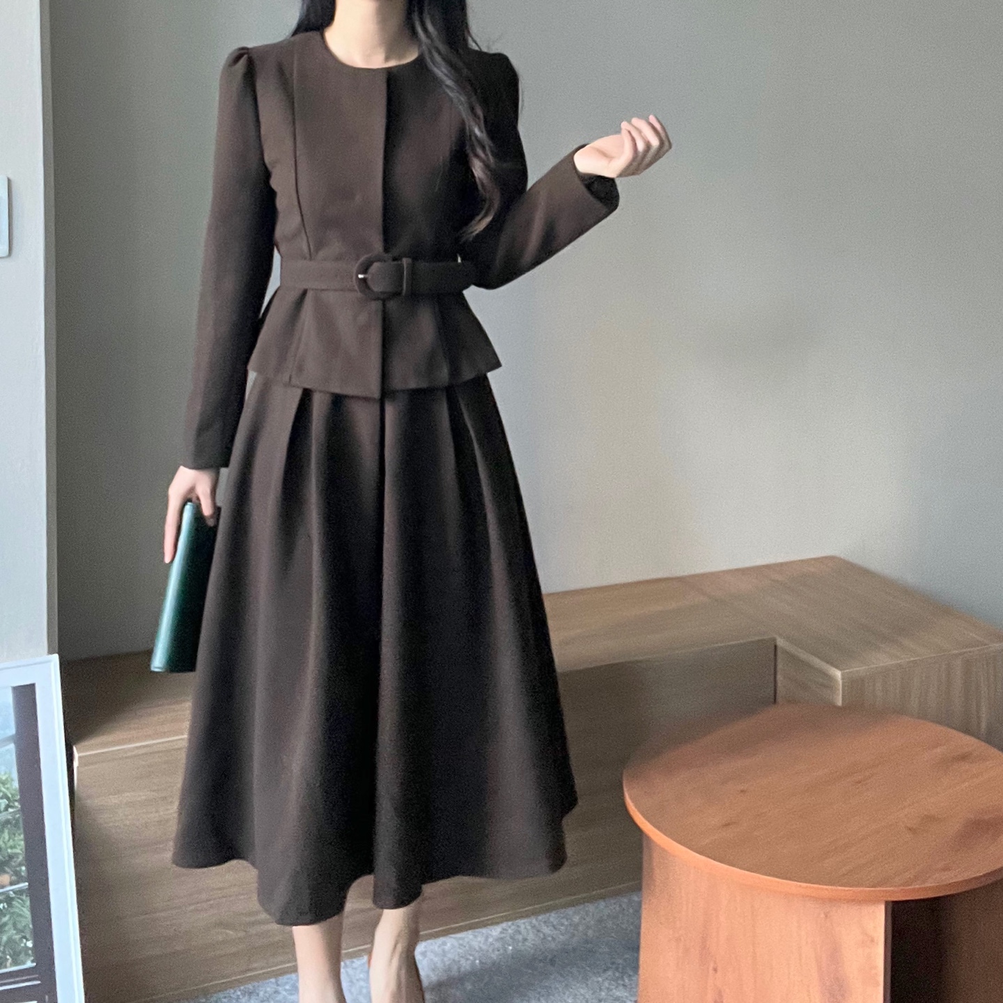 Mサイズ★ラバーツーピースーツドレス/ベルト付き/スカート/ジャケットセット Mサイズ☆ラバーツーピースーツドレス/ベルト付き/スカート/ジャケット