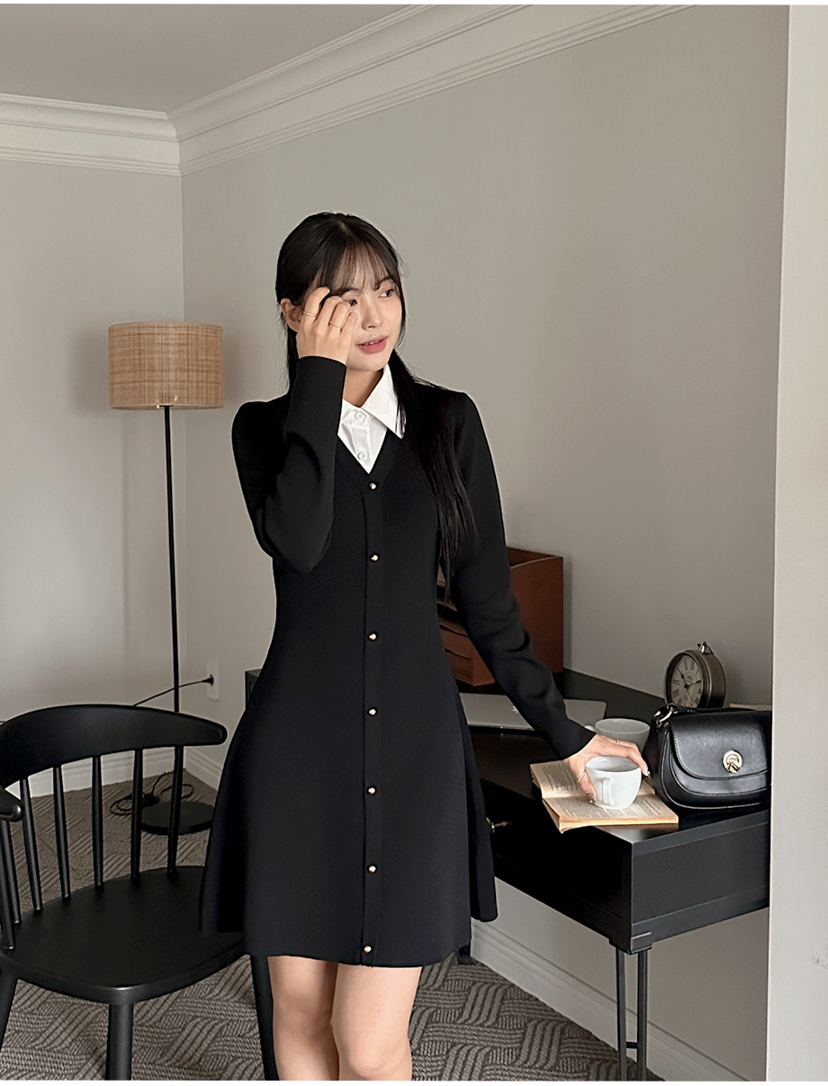 シャツレイヤード風ゴールドボタンニットワンピース | レディース