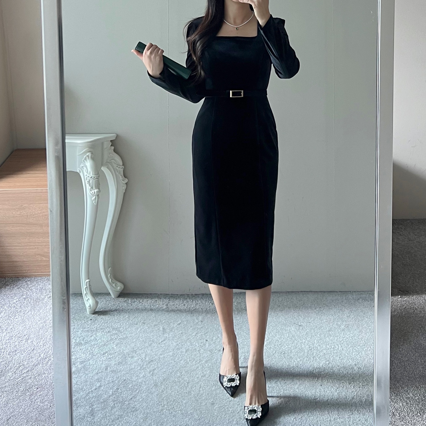 ベルト付スクエアネックベロアワンピース | レディースファッション