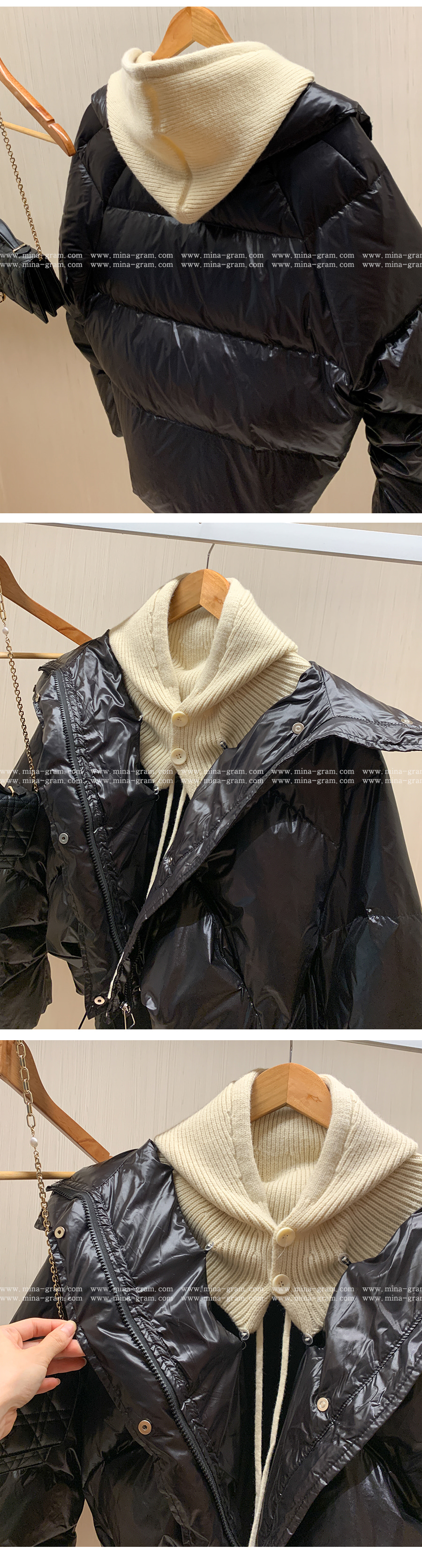 ニットフードグロッシーショートダウンジャンパー | レディース