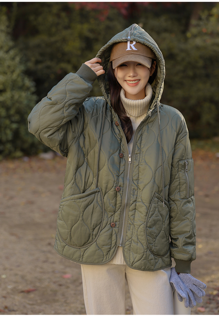 ファスナーフードロングキルティングジャンパー | レディース