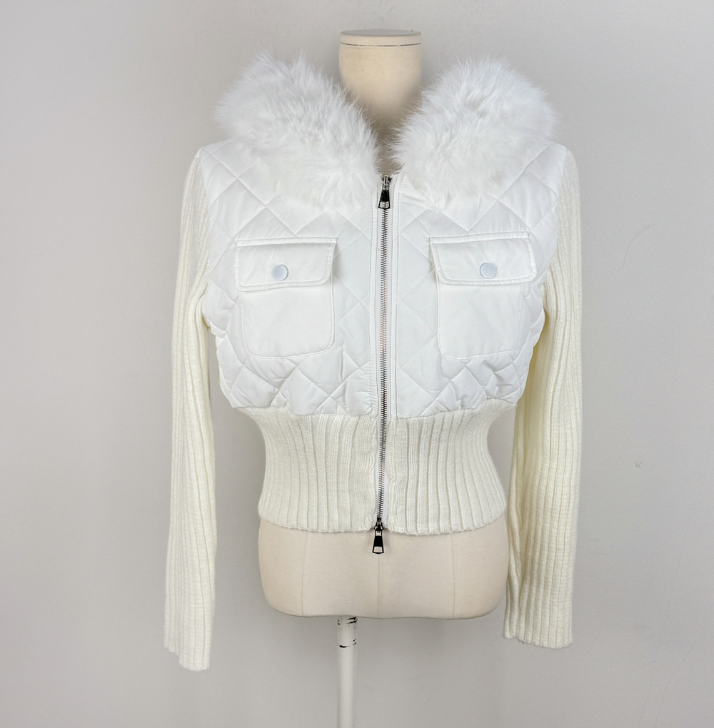 エコファーフードニットドッキングキルティングジャンパー