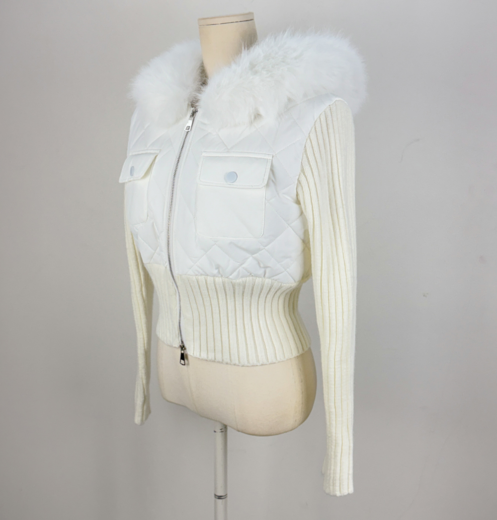 エコファーフードニットドッキングキルティングジャンパー