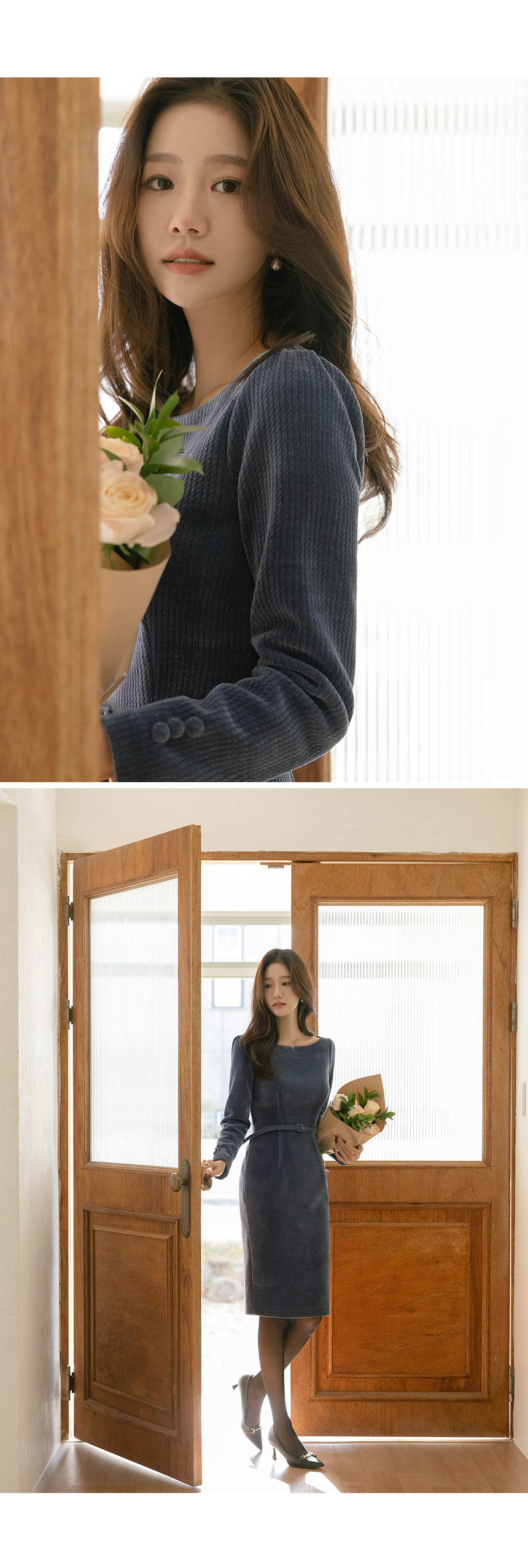 ベルト付ベロアスリットボートネックIラインワンピース