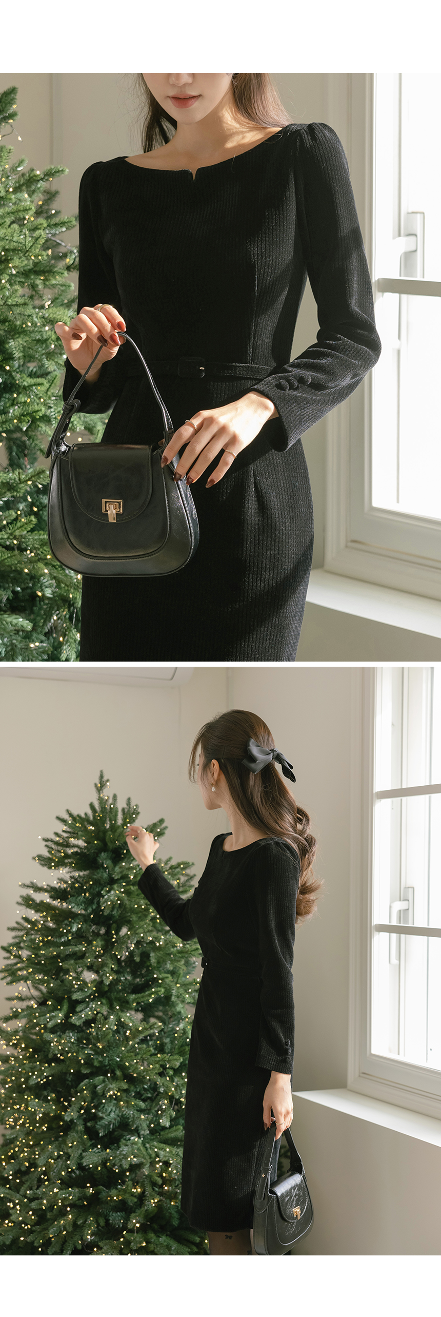 ベルト付ベロアスリットボートネックIラインワンピース