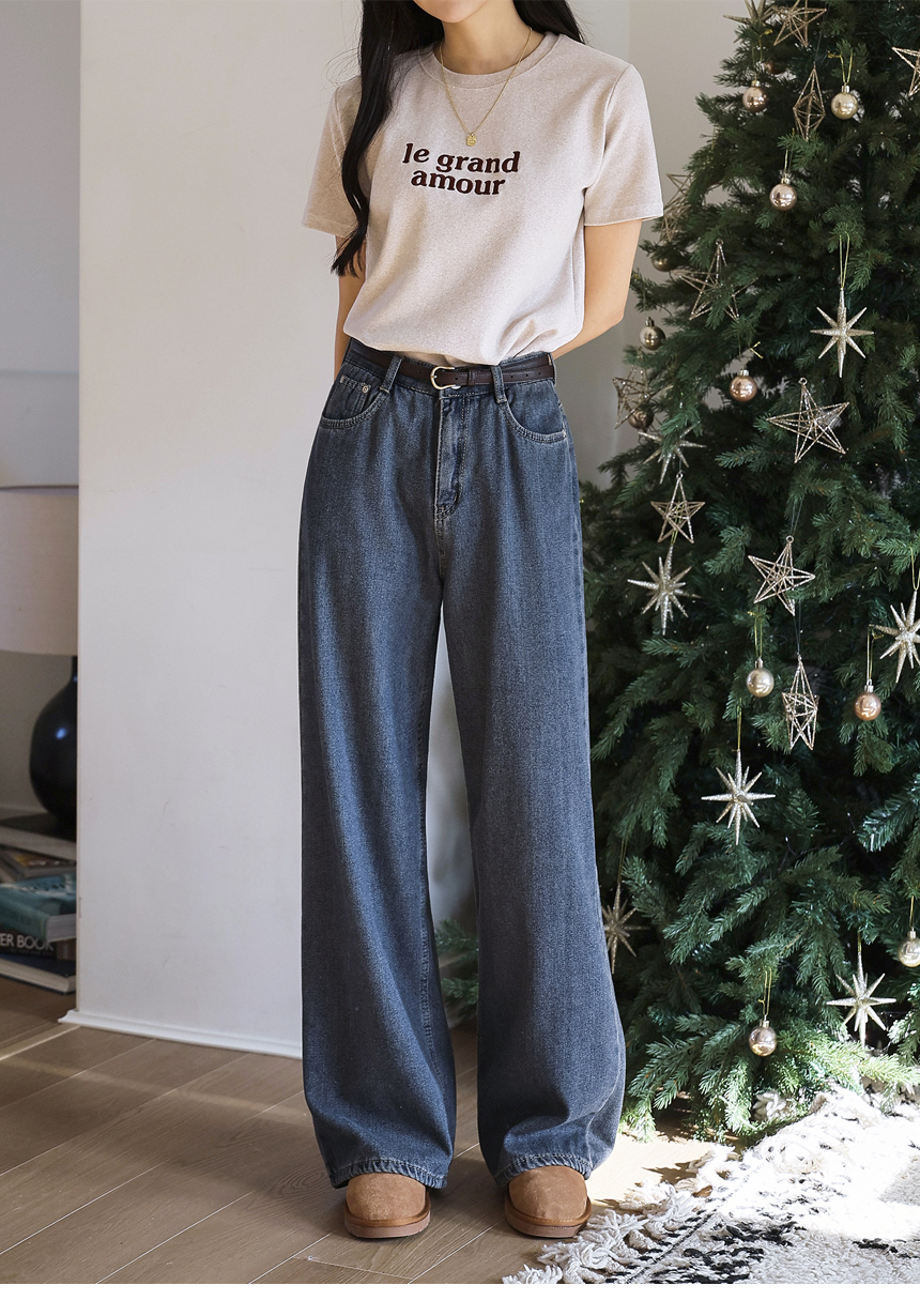 裏起毛ダークブルーワイドデニムパンツ | レディースファッション通販