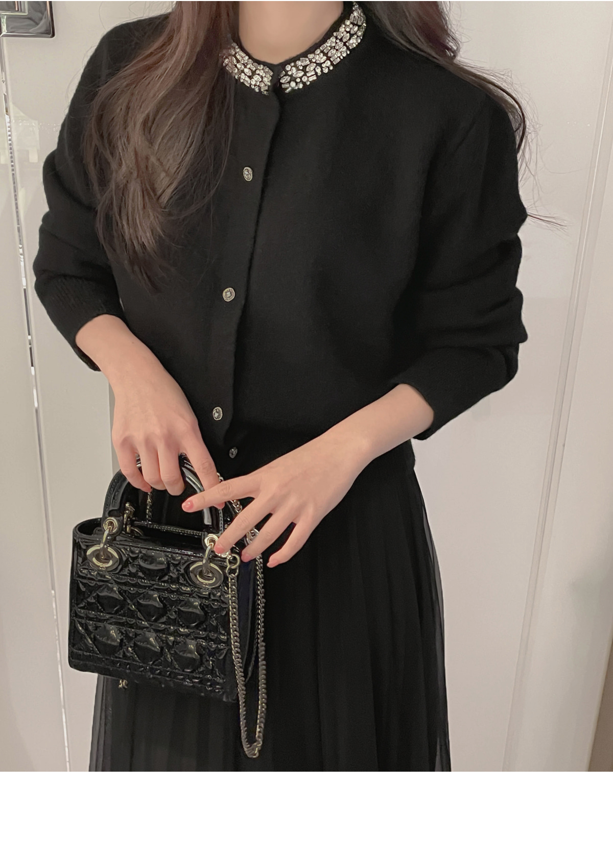 ウール混ビジューネックカーディガン | レディースファッション通販