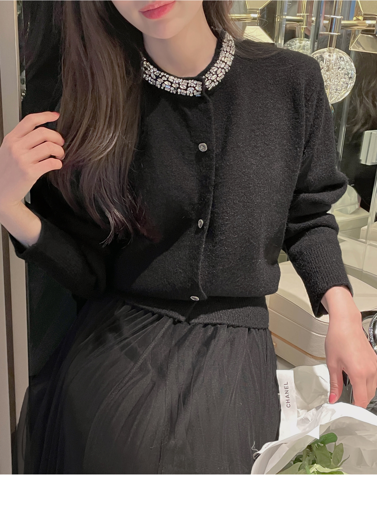 ウール混ビジューネックカーディガン | レディースファッション通販