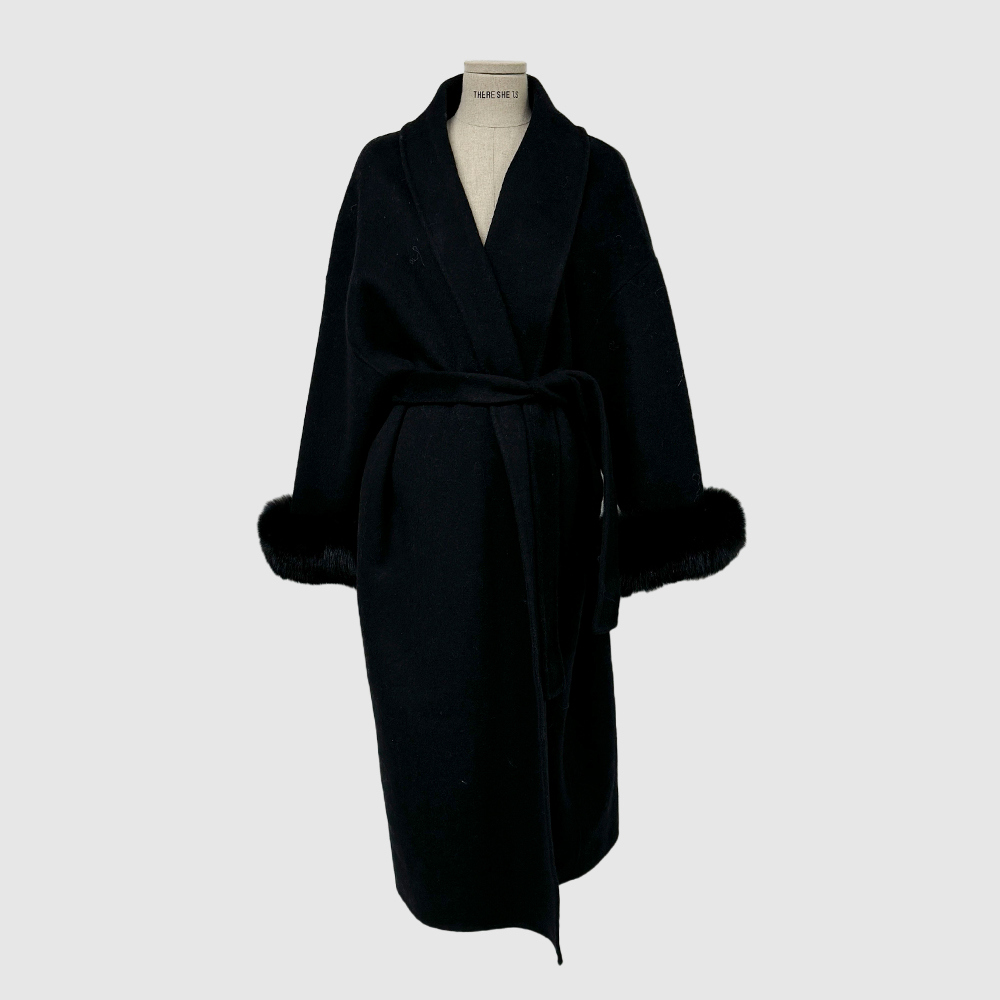 ☆ カシミヤ 100% ファー コート ドルマンスリーブ ブラック 日本製 M ファースリーブショールカラーカシミヤコート | レディース