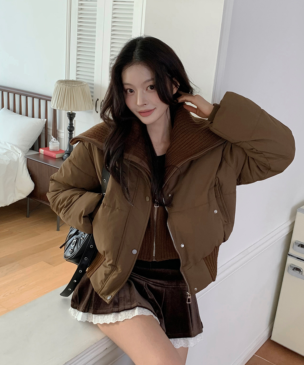 リブニットワイドカラー中綿ジャンパー | レディースファッション通販