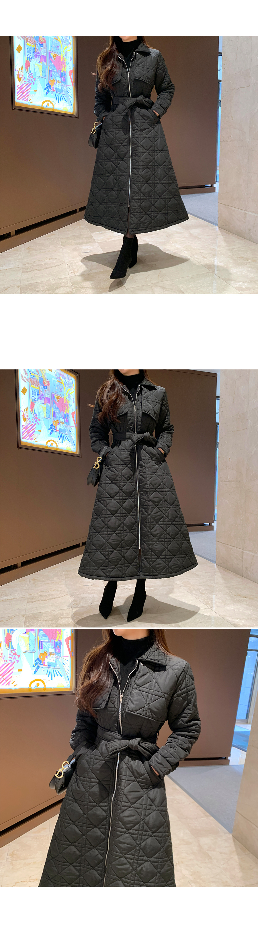 ベルト付ガンフラップキルティングロングジャンパー | レディース