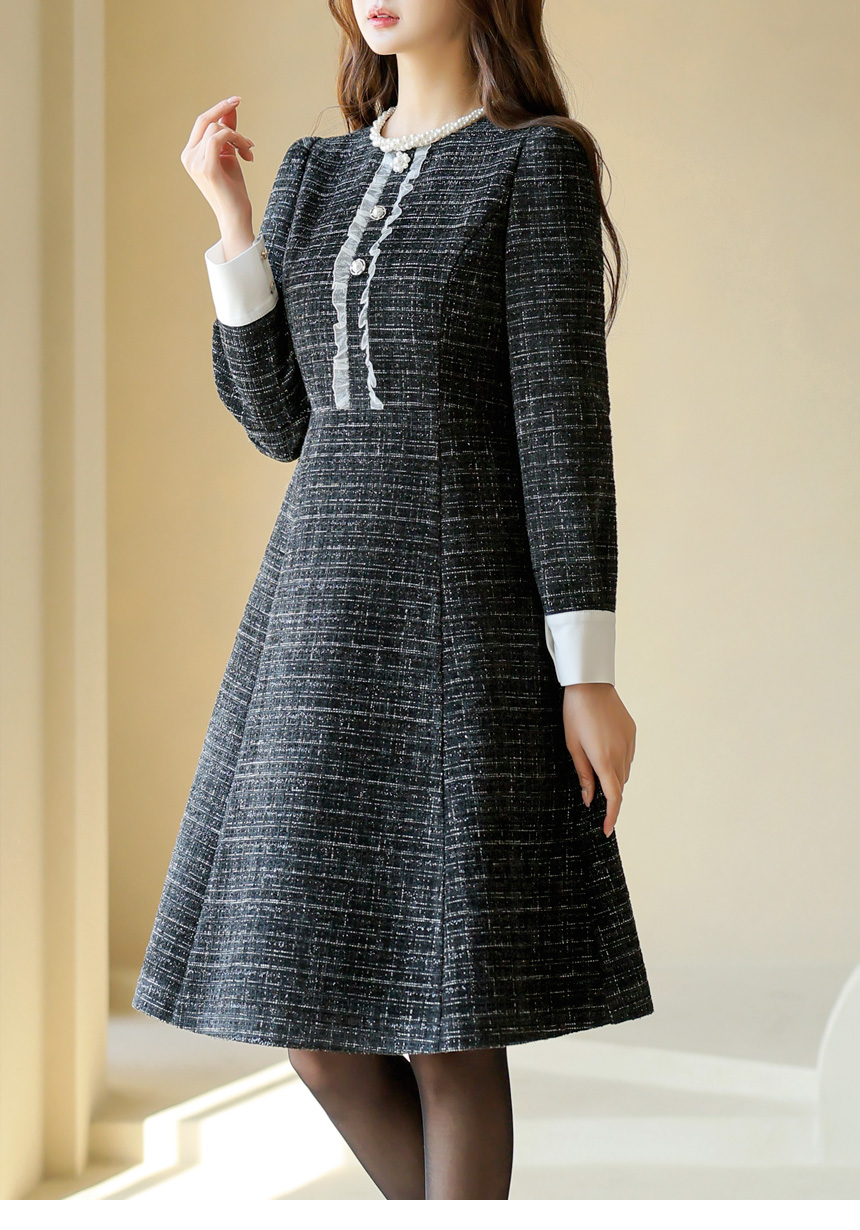シフォンフリルパール調ボタン配色ツイードフレアワンピース