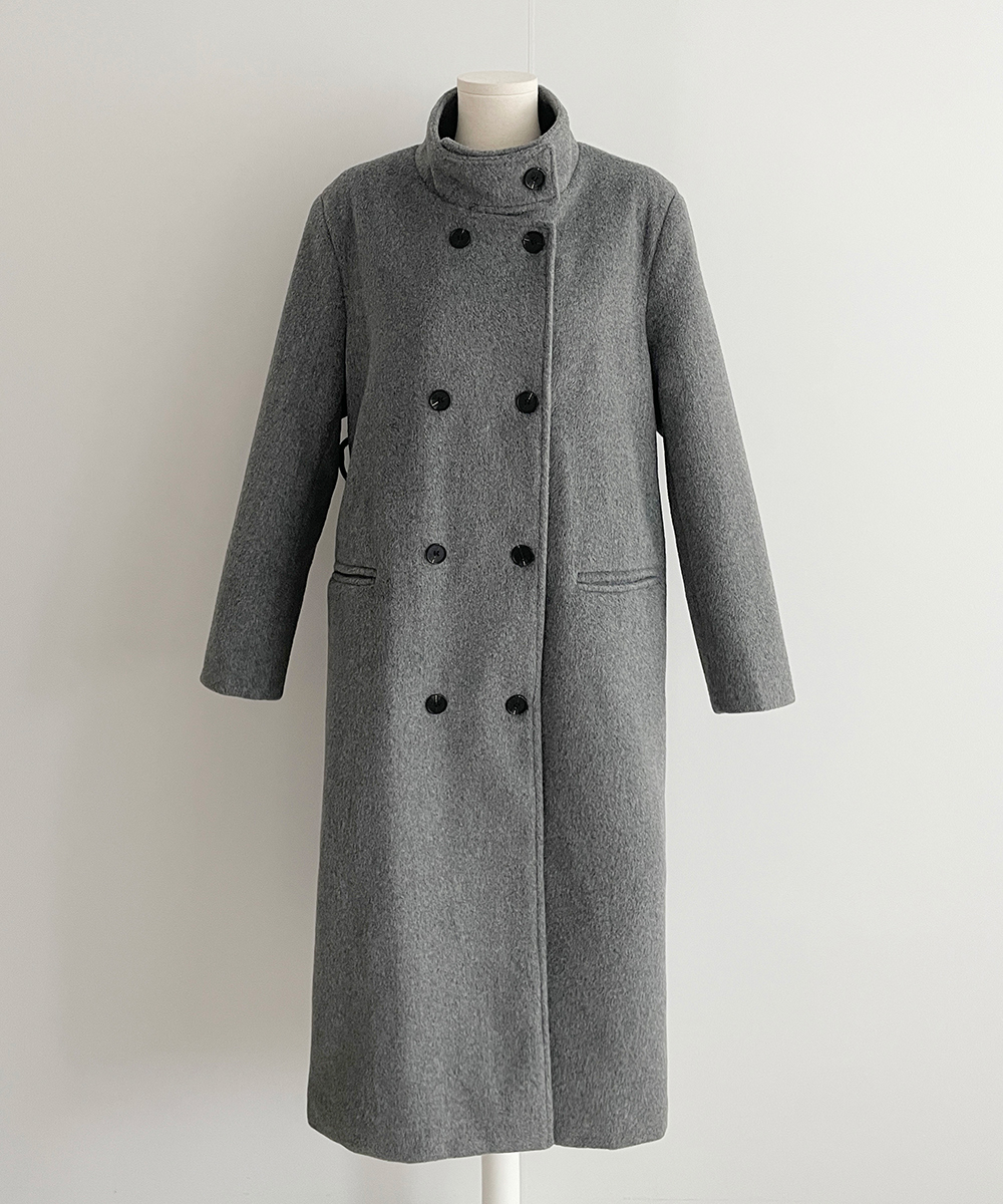 ストラップ付ダウン裏地スタンドカラーダブルボタンコート