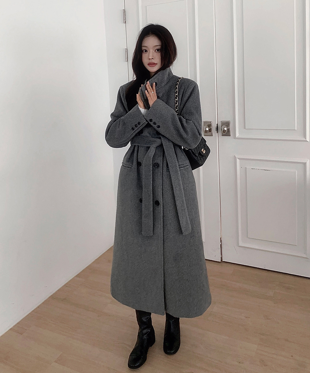 ストラップ付ダウン裏地スタンドカラーダブルボタンコート