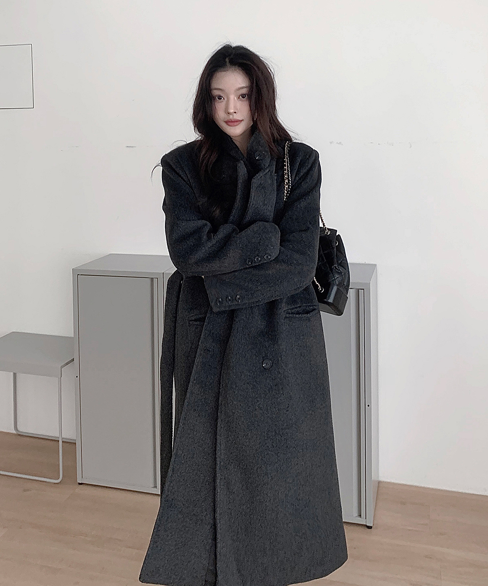 ストラップ付ダウン裏地スタンドカラーダブルボタンコート