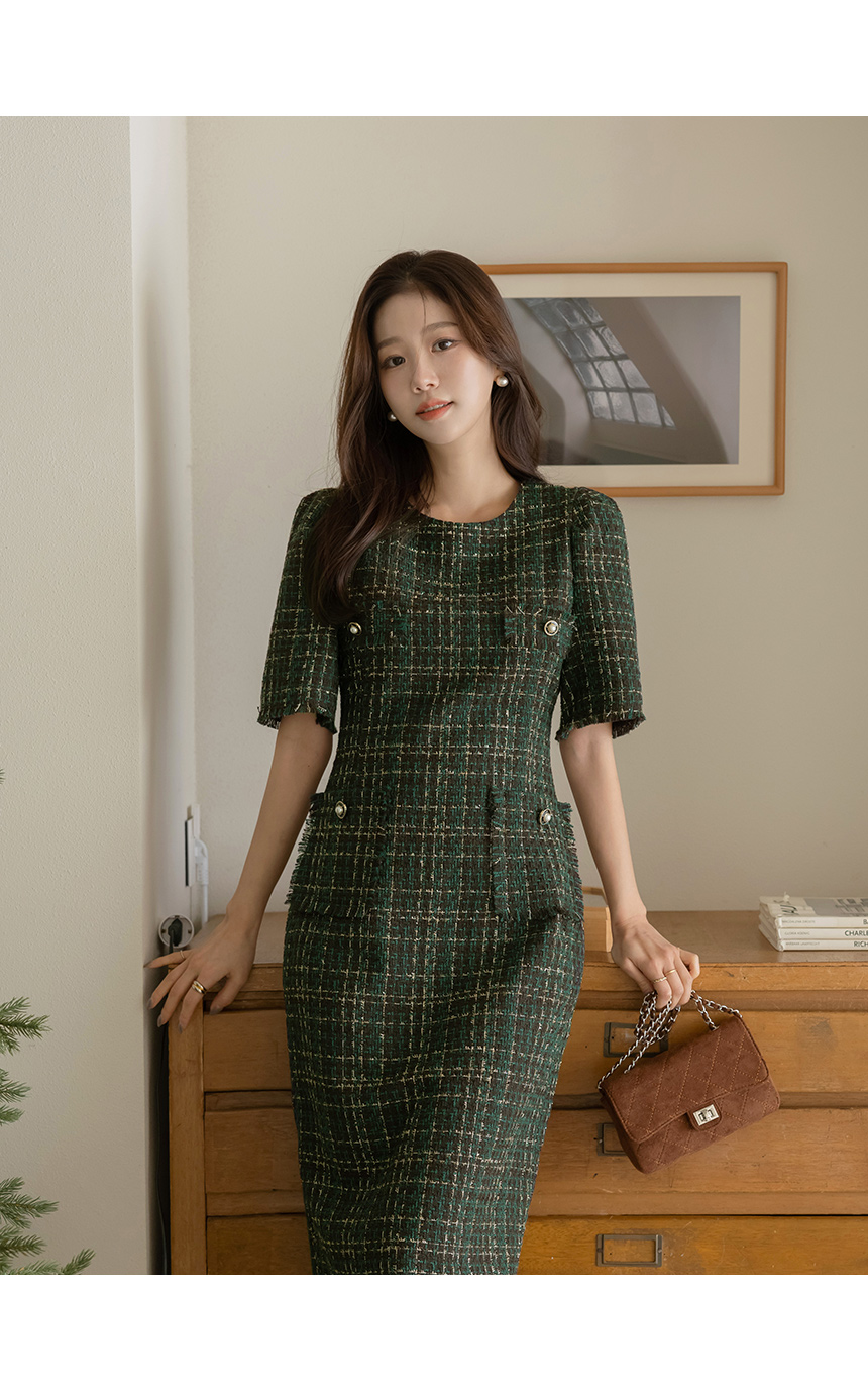 エコパールボタンラメツイードワンピース | レディースファッション
