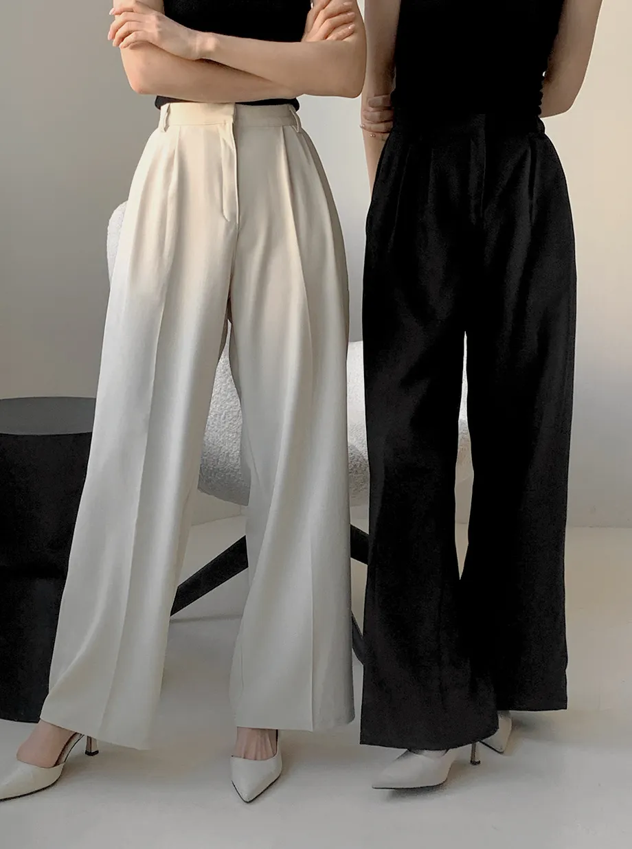 RIRINCO ピンタックストレートワイドスラックスパンツ