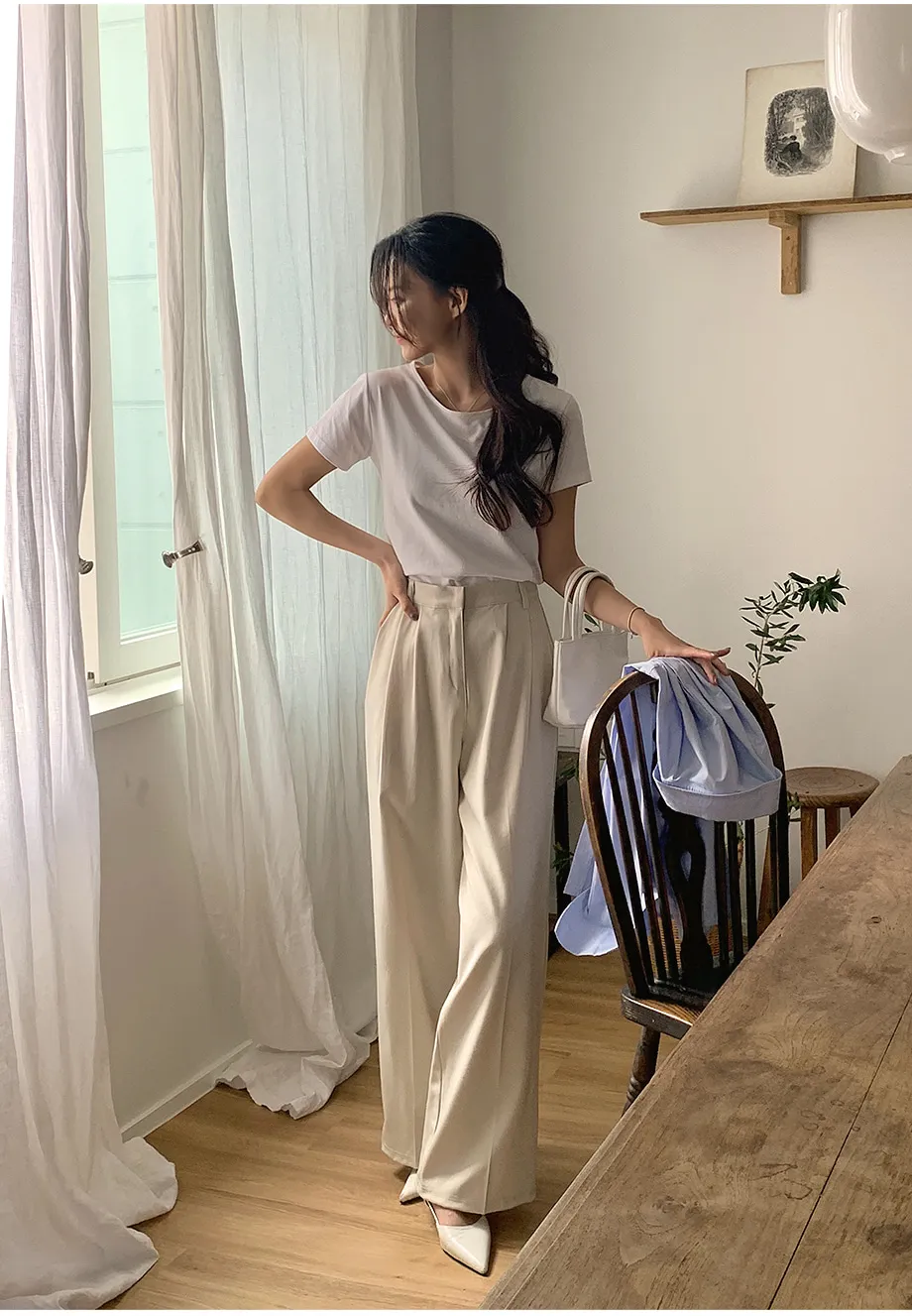 RIRINCO ピンタックストレートワイドスラックスパンツ