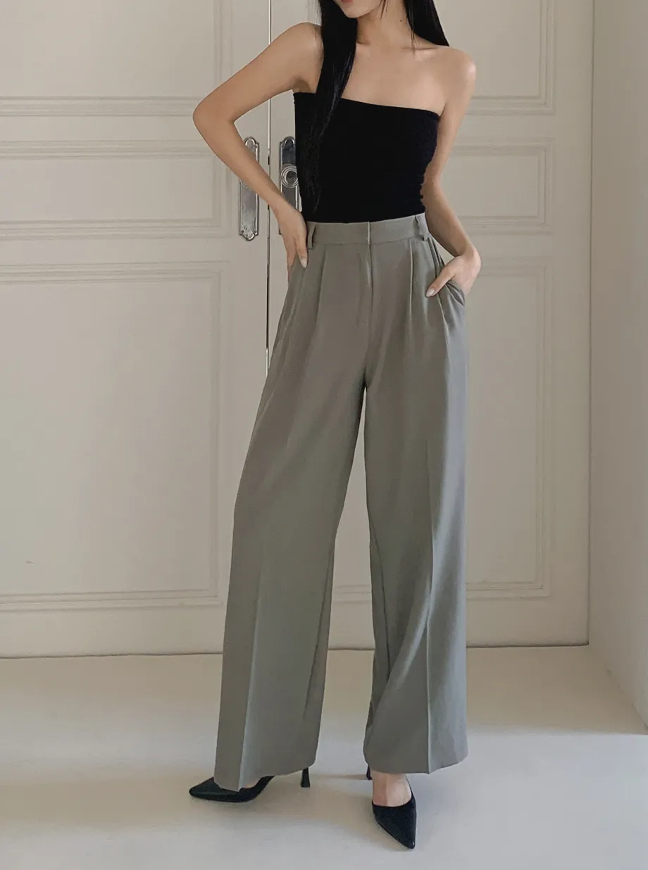 RIRINCO ピンタックストレートワイドスラックスパンツ