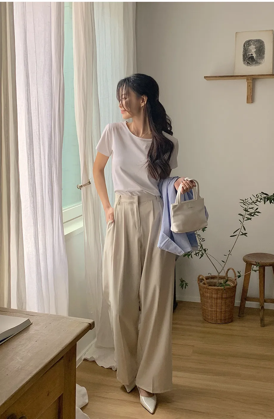 RIRINCO ピンタックストレートワイドスラックスパンツ