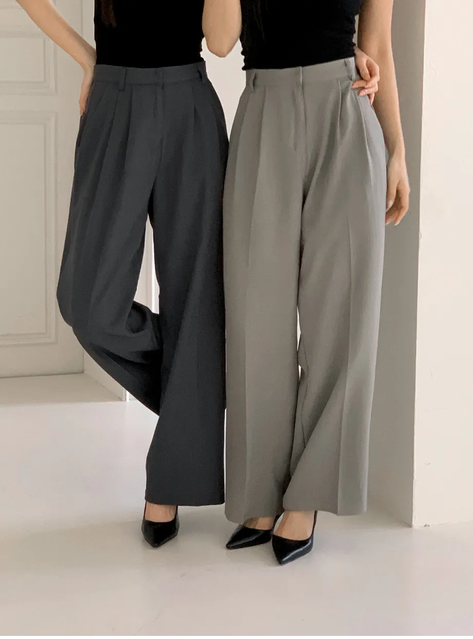 RIRINCO ピンタックストレートワイドスラックスパンツ