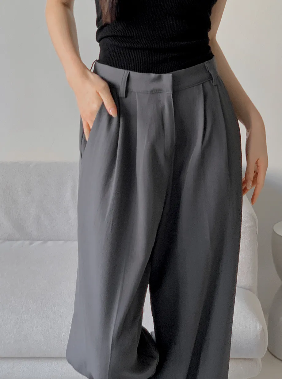 RIRINCO ピンタックストレートワイドスラックスパンツ