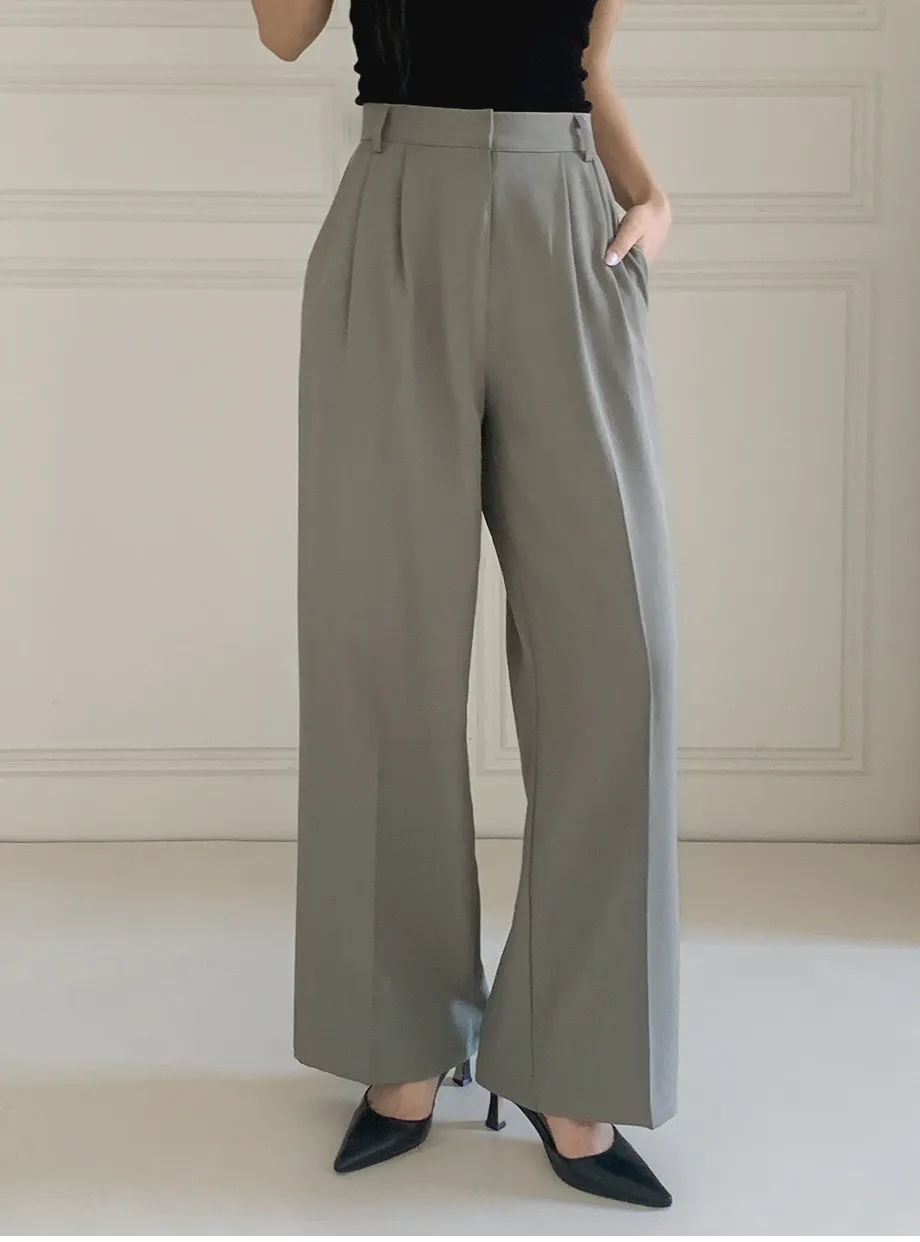 RIRINCO ピンタックストレートワイドスラックスパンツ