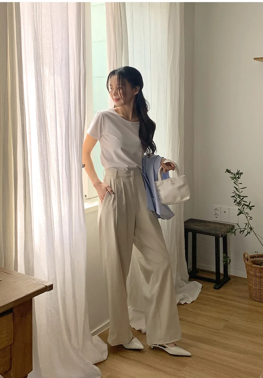 RIRINCO ピンタックストレートワイドスラックスパンツ
