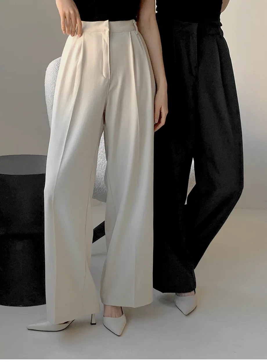RIRINCO ピンタックストレートワイドスラックスパンツ