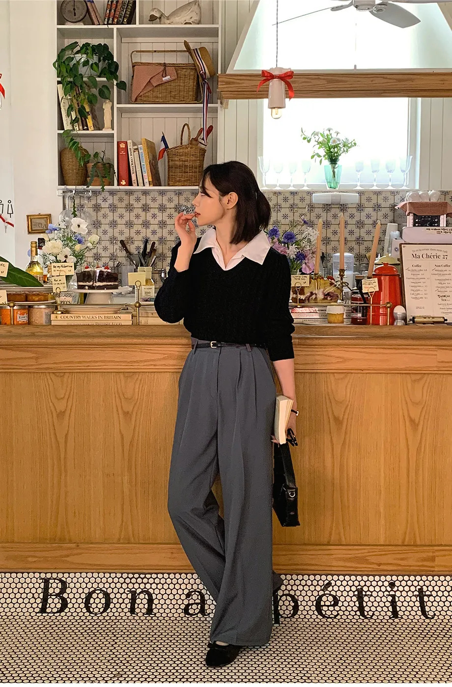 RIRINCO ピンタックストレートワイドスラックスパンツ