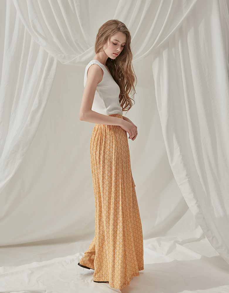 【Vikini Vender】オリーバリボンワイドパンツ MUSTARD ウエストスリットリボンエスニックワイドパンツ(MUSTARD