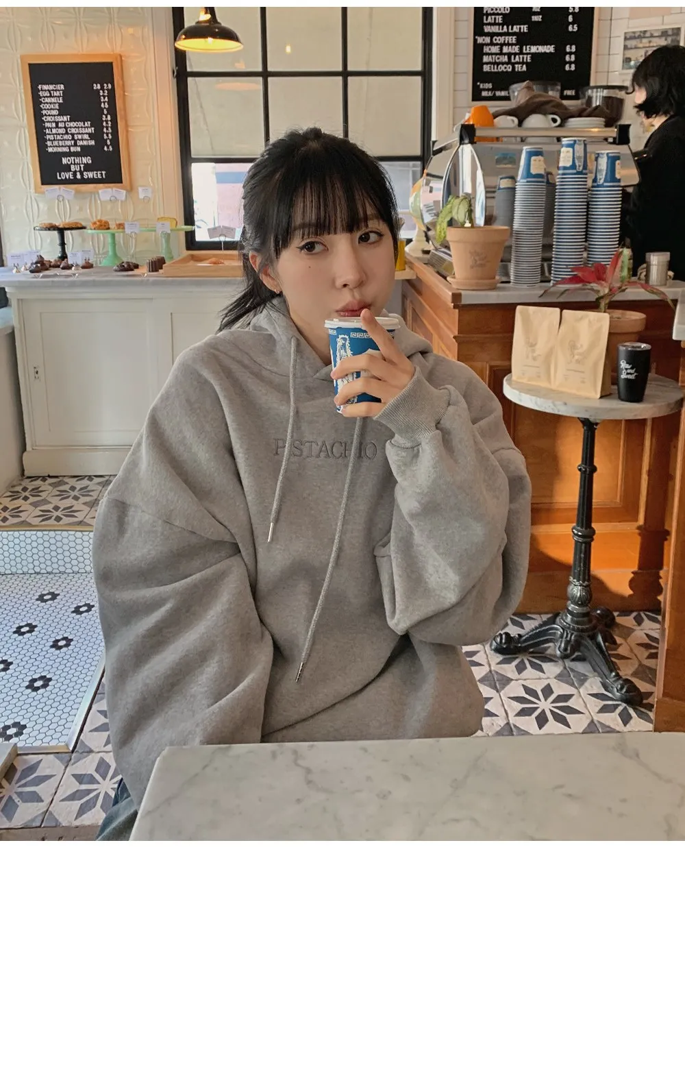 피스타치오 오버핏 양기모긴팔후드티