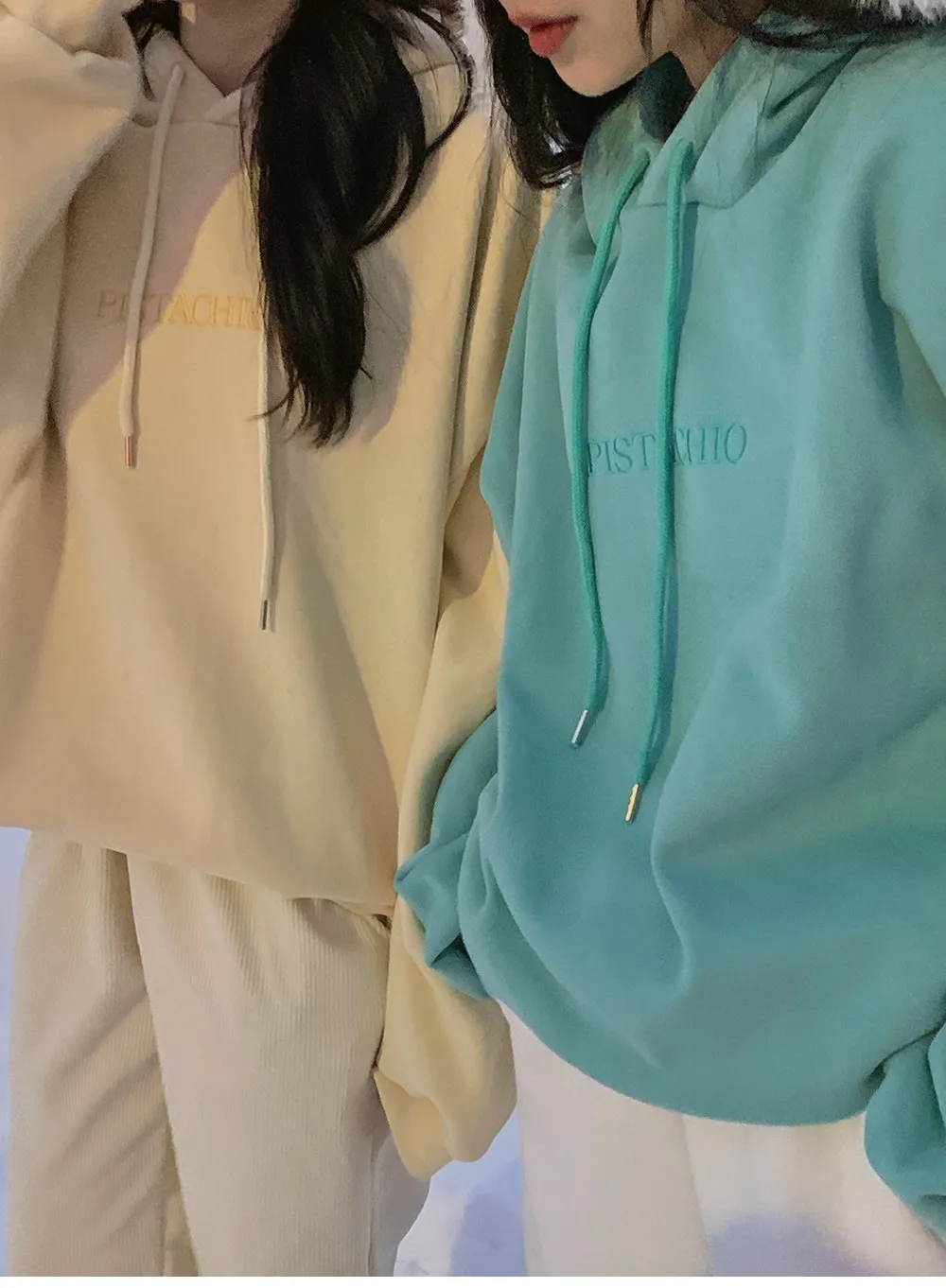 피스타치오 오버핏 양기모긴팔후드티