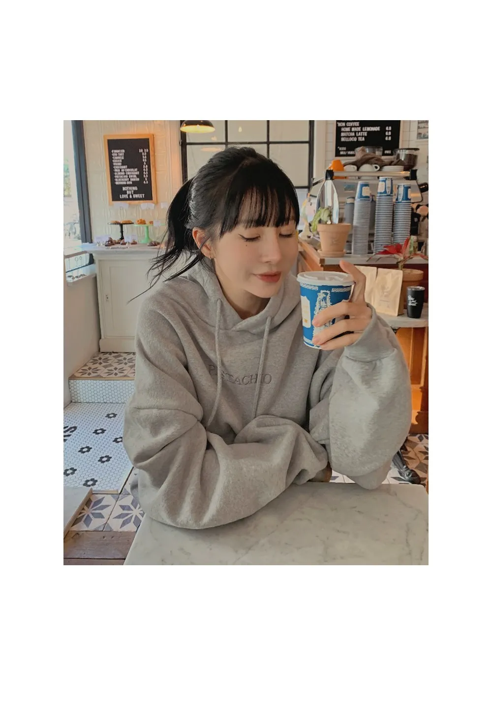 피스타치오 오버핏 양기모긴팔후드티