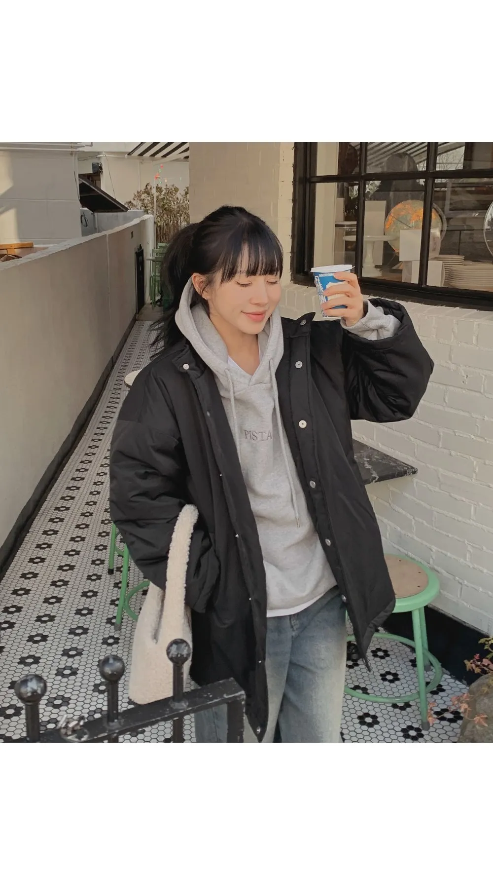 피스타치오 오버핏 양기모긴팔후드티