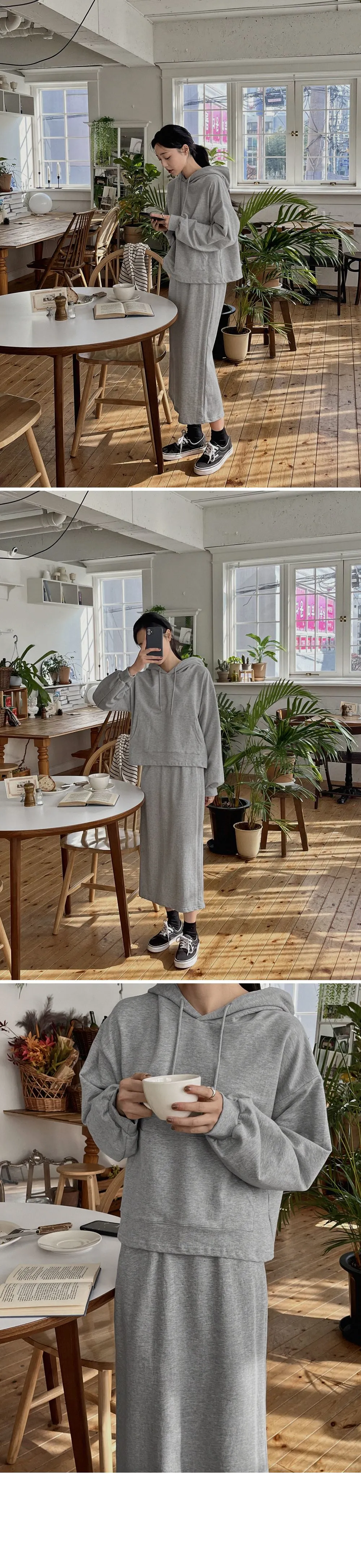 포티스 루즈핏 후드 밴딩롱스커트set