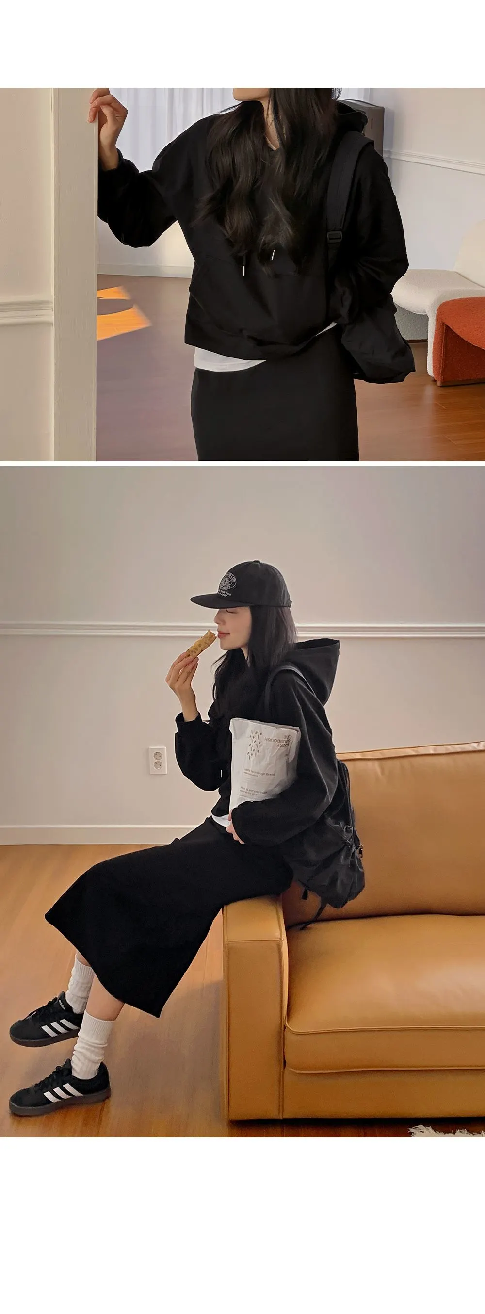 포티스 루즈핏 후드 밴딩롱스커트set