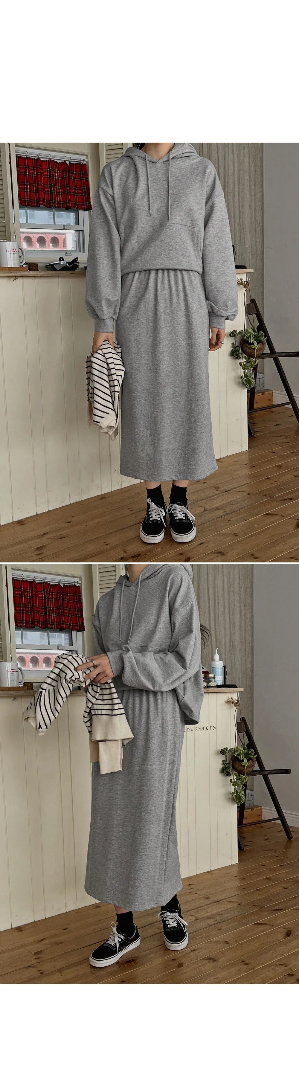 포티스 루즈핏 후드 밴딩롱스커트set