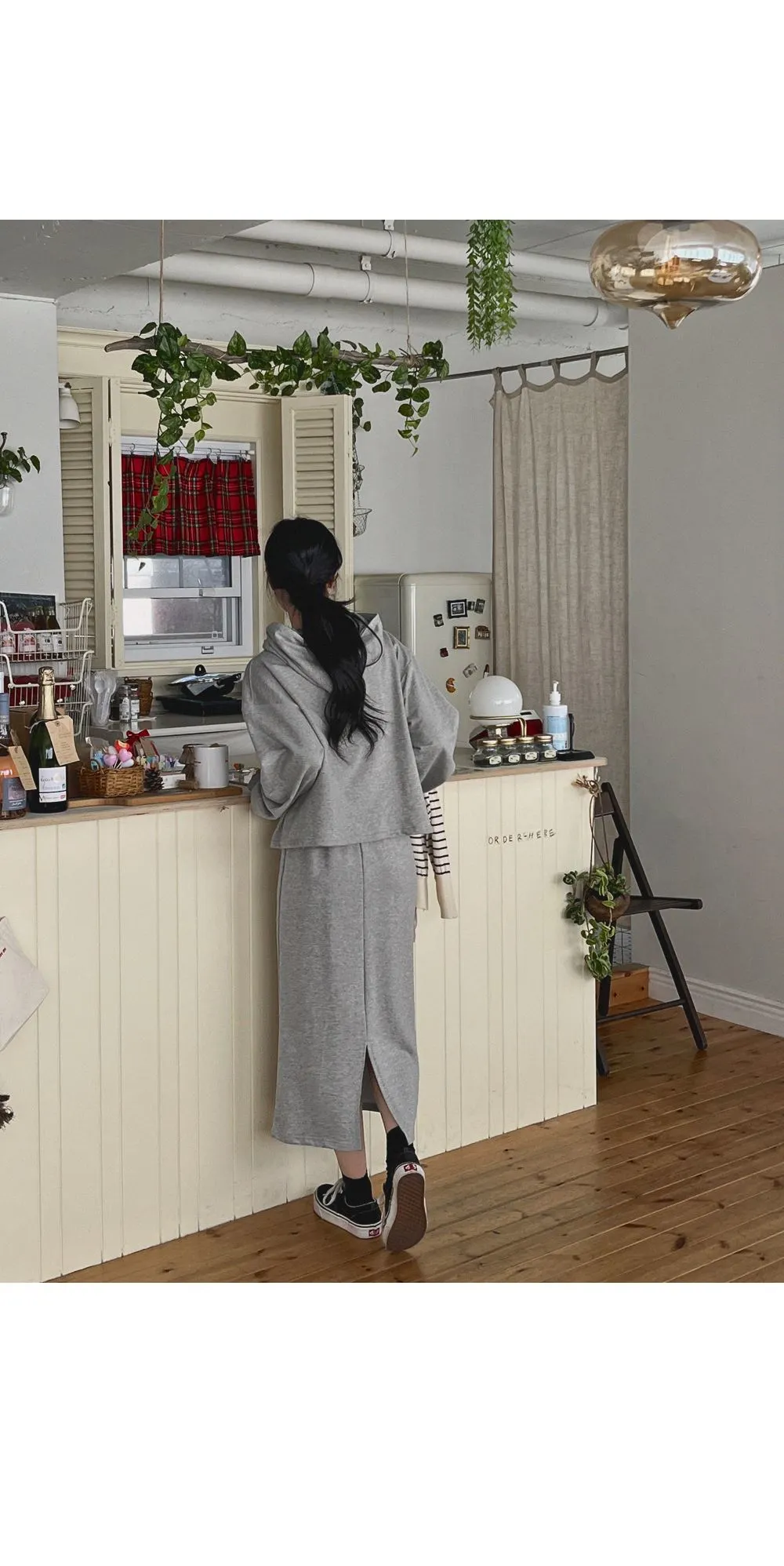 포티스 루즈핏 후드 밴딩롱스커트set