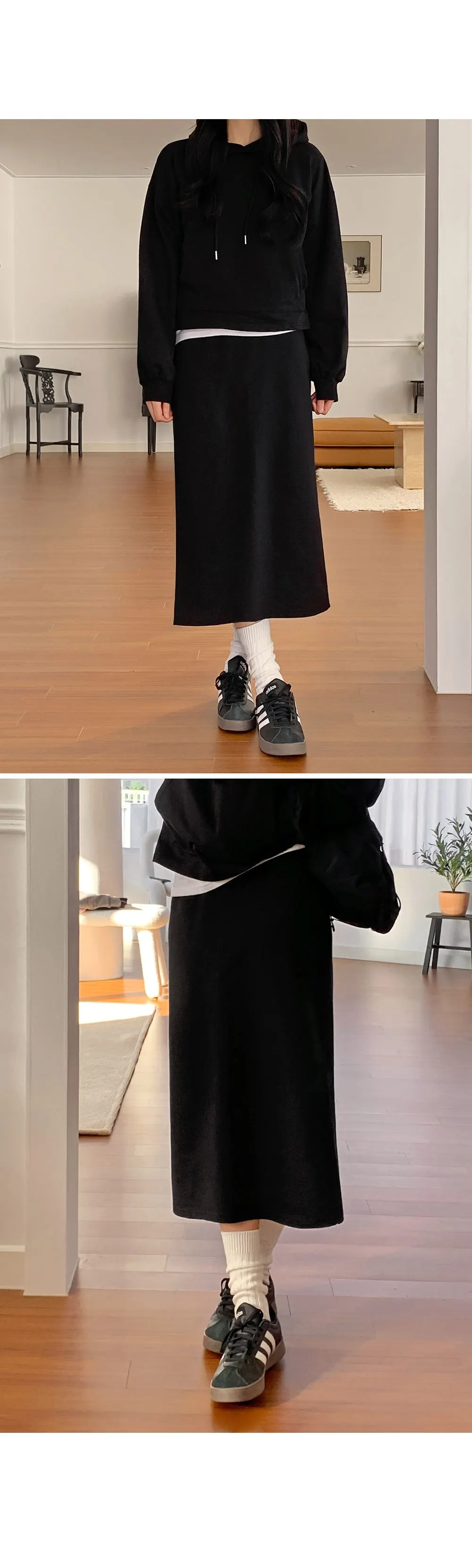 포티스 루즈핏 후드 밴딩롱스커트set