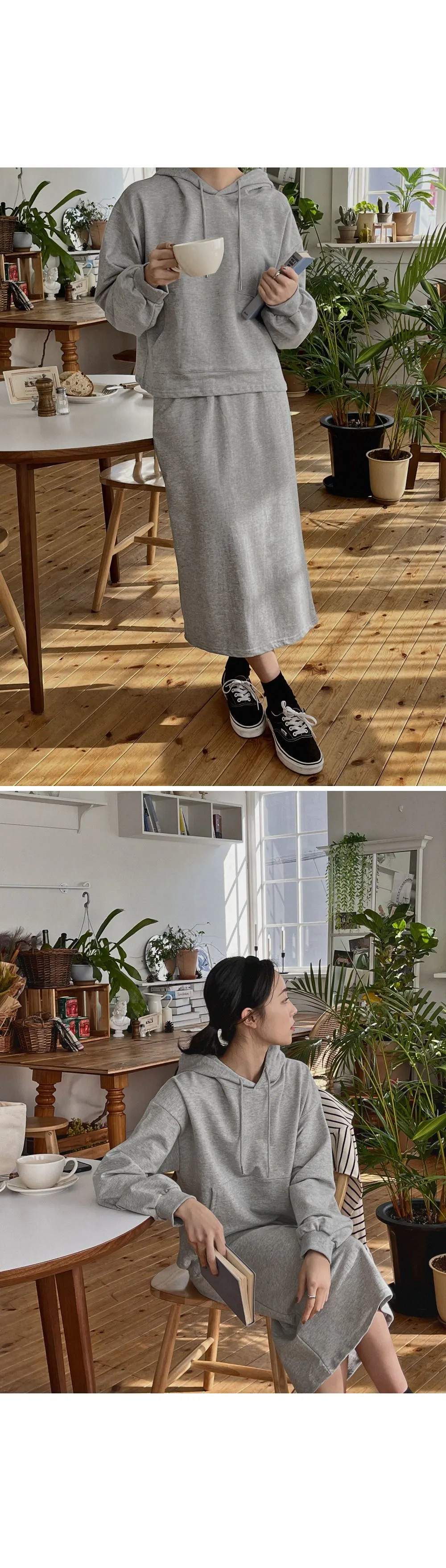 포티스 루즈핏 후드 밴딩롱스커트set