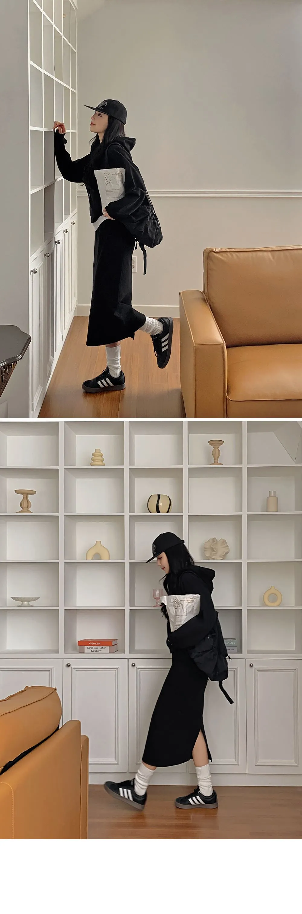 포티스 루즈핏 후드 밴딩롱스커트set