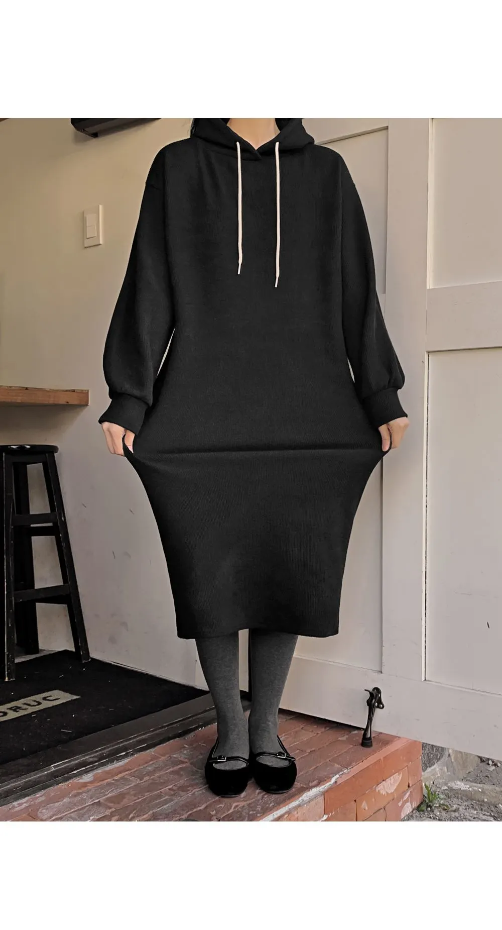 소피에 루즈핏 니트골지 후드롱원피스