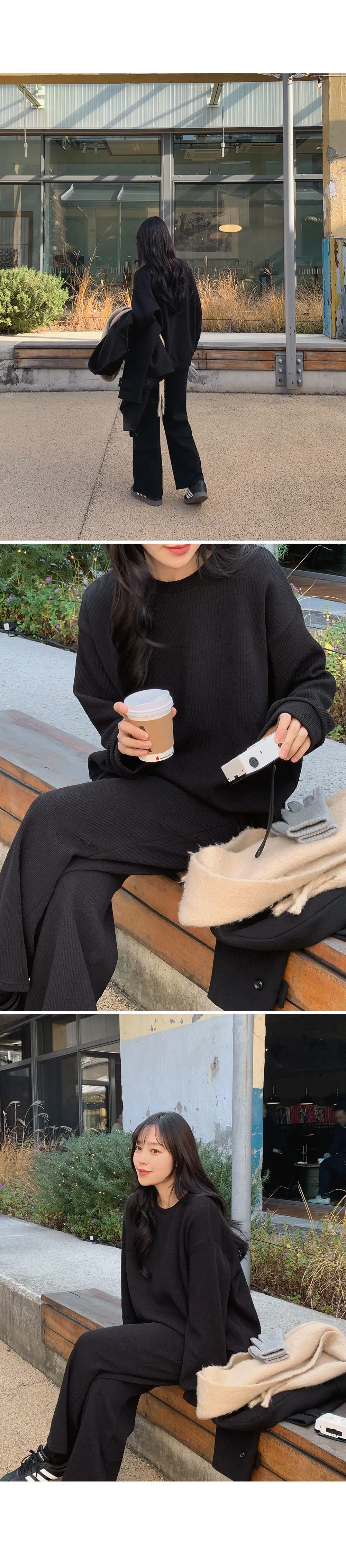 피플즈_세트2 골지니트+밴딩와이드팬츠set